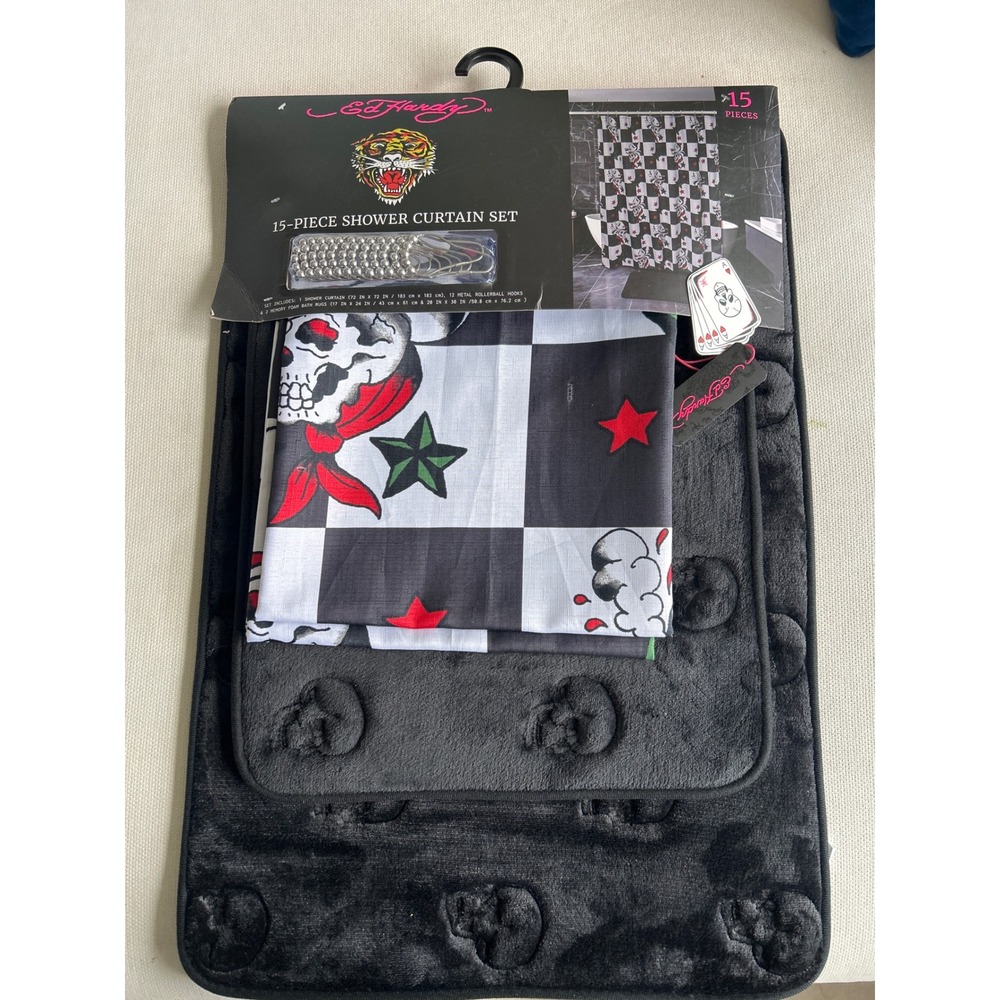 Ed Hardy 15 Piece Shower Curtain Set Skulls Checkered Black White Red New